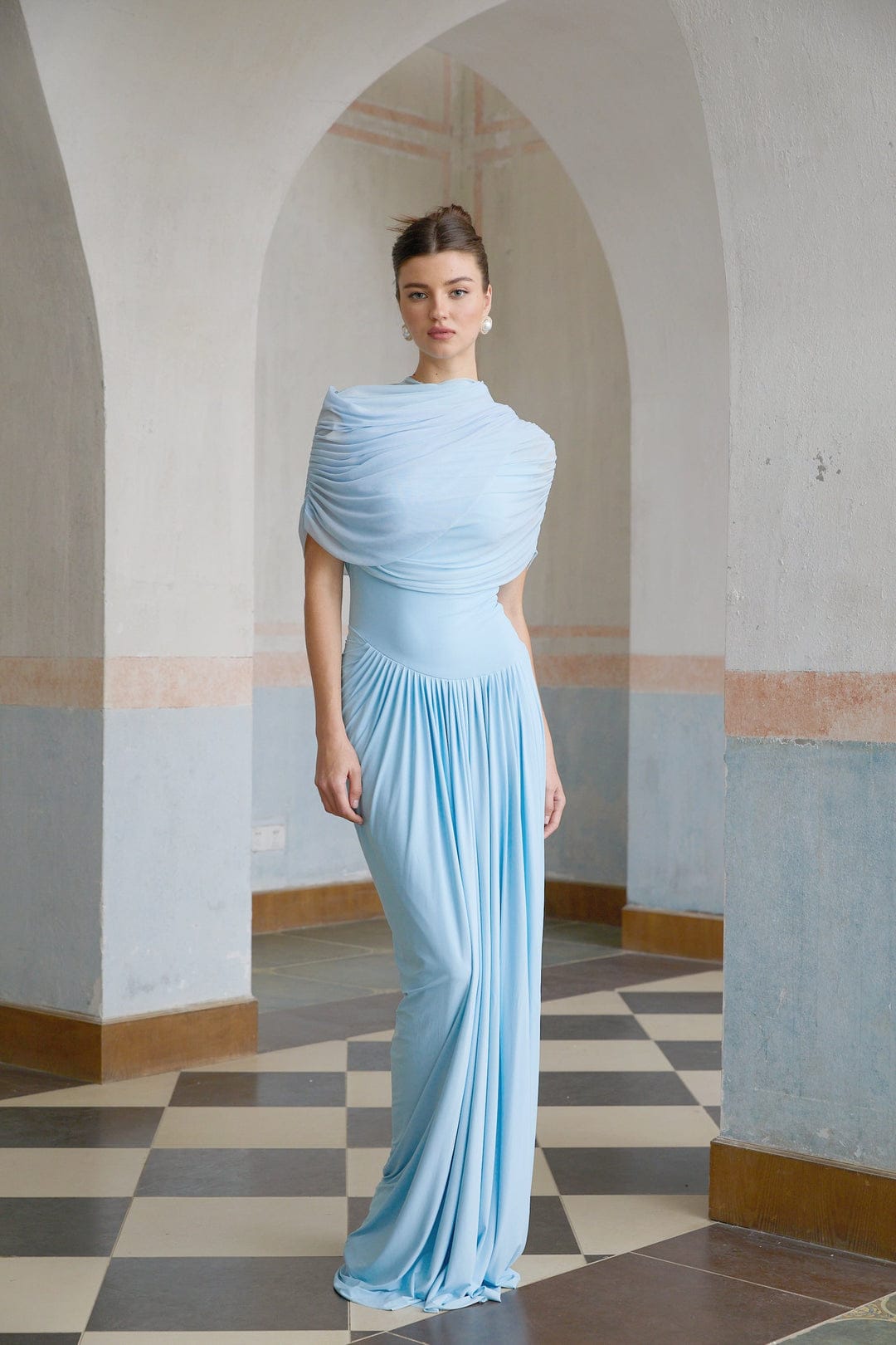 Loverson™ Mavi Asimetrik Pileli Maxi Elbise