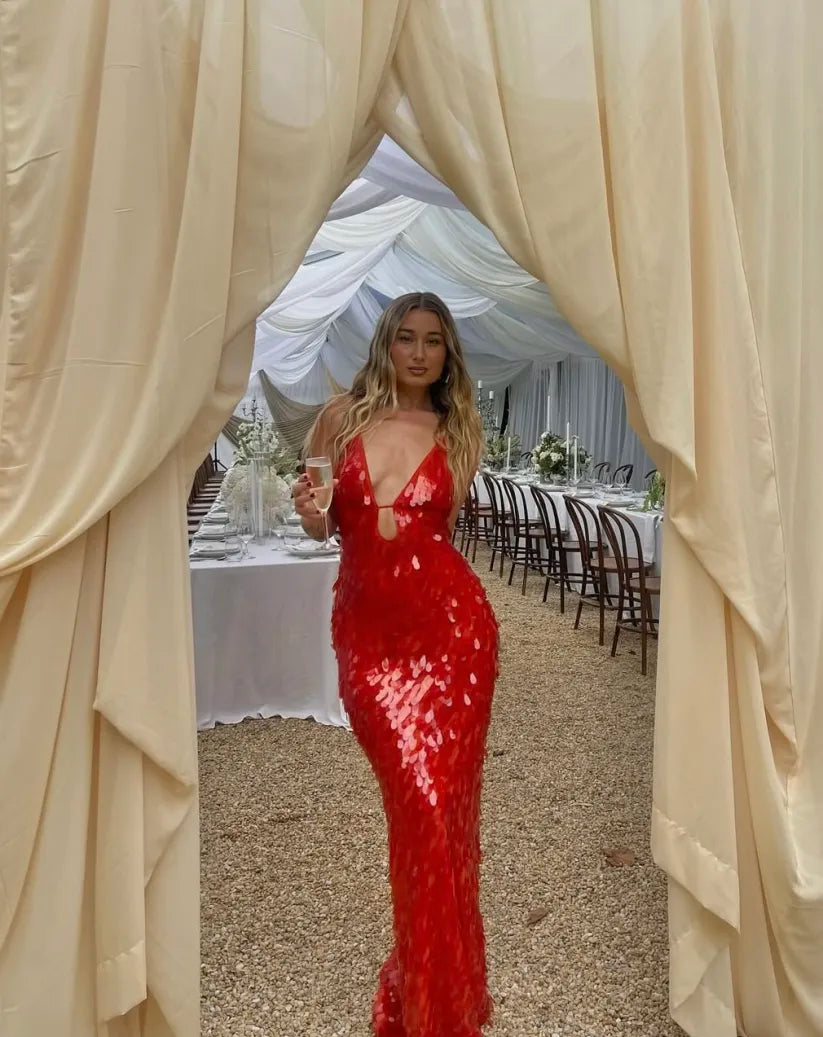 Loverson™ Kailani Işıltılı Balık Form Maxi Elbise