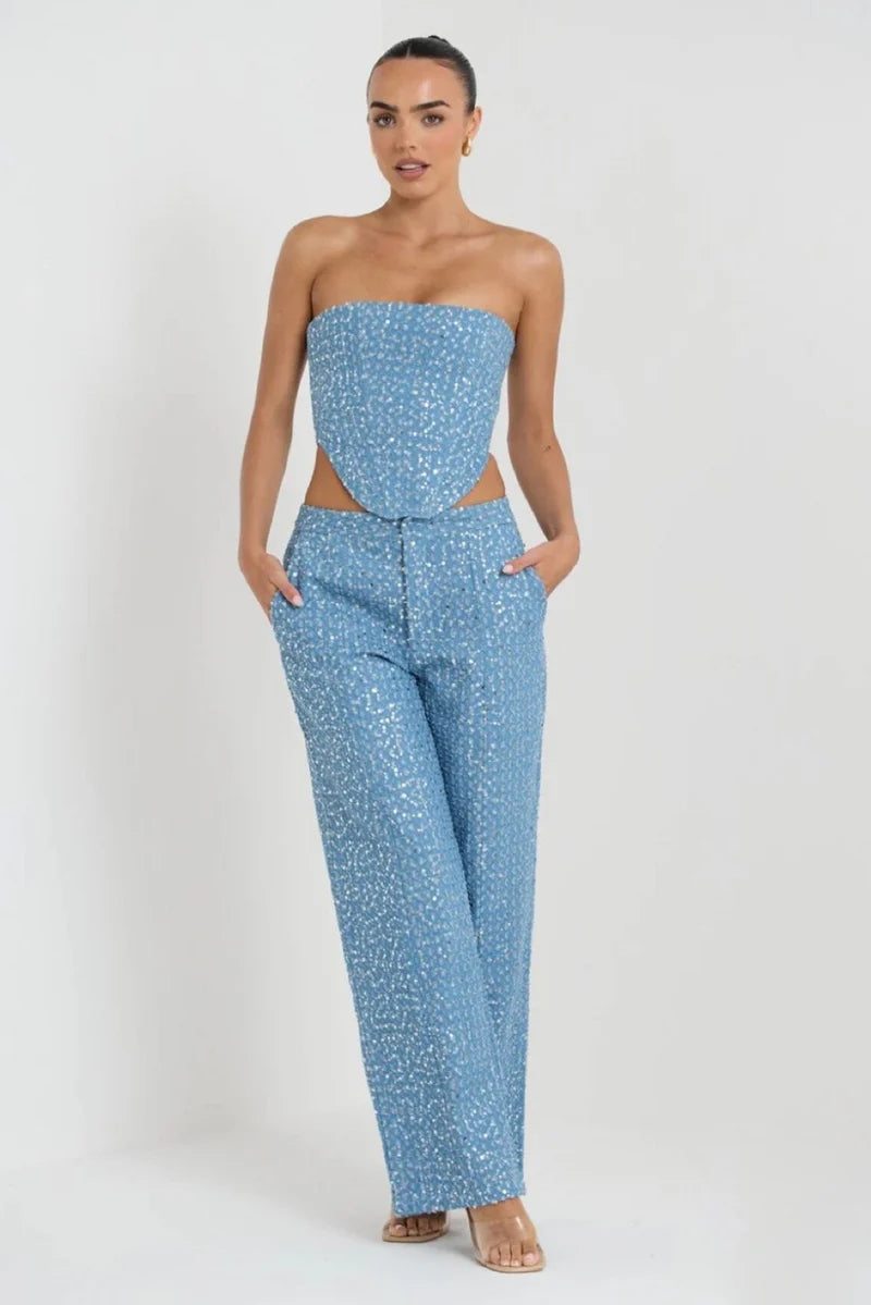 Loverson™ Belinda Payetli Kot Pantolon Takım