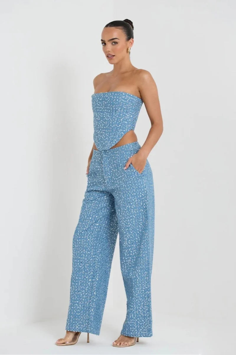 Loverson™ Belinda Payetli Kot Pantolon Takım