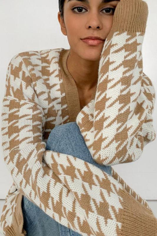 Loverson™ Houndstooth Büyük Boy Kardigan