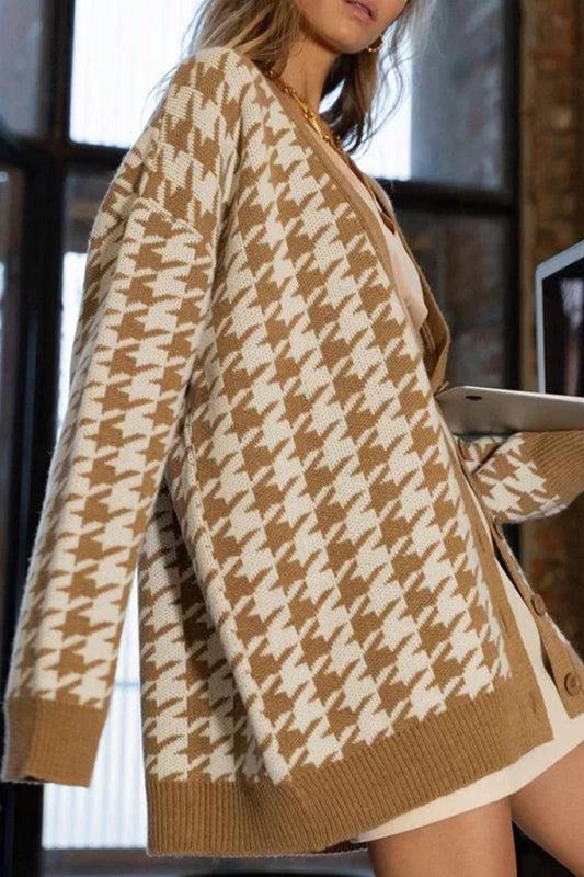 Loverson™ Houndstooth Büyük Boy Kardigan