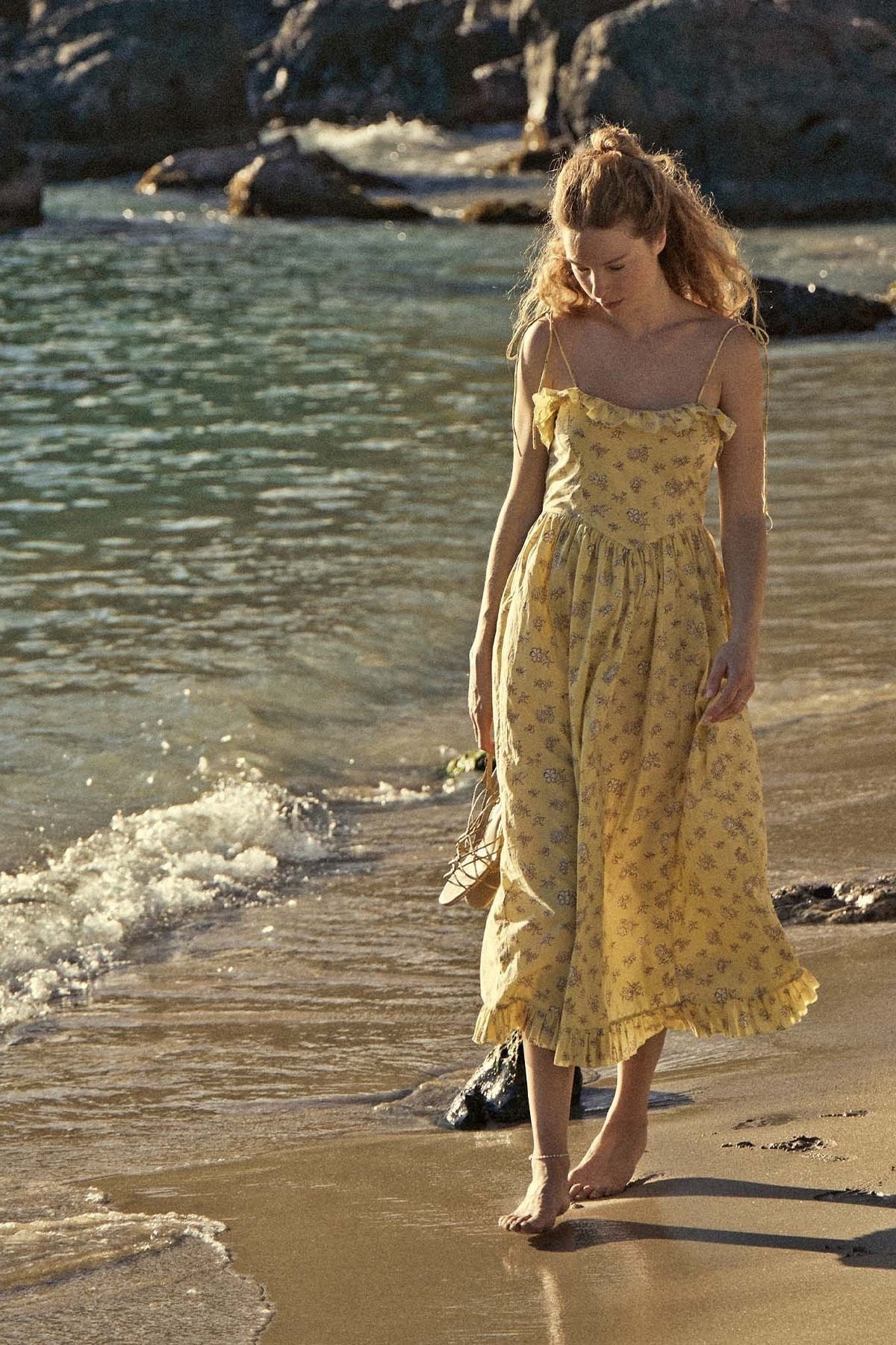 Loverson™ Novia Baskılı Volanlı Kesim Slip Midi Elbise