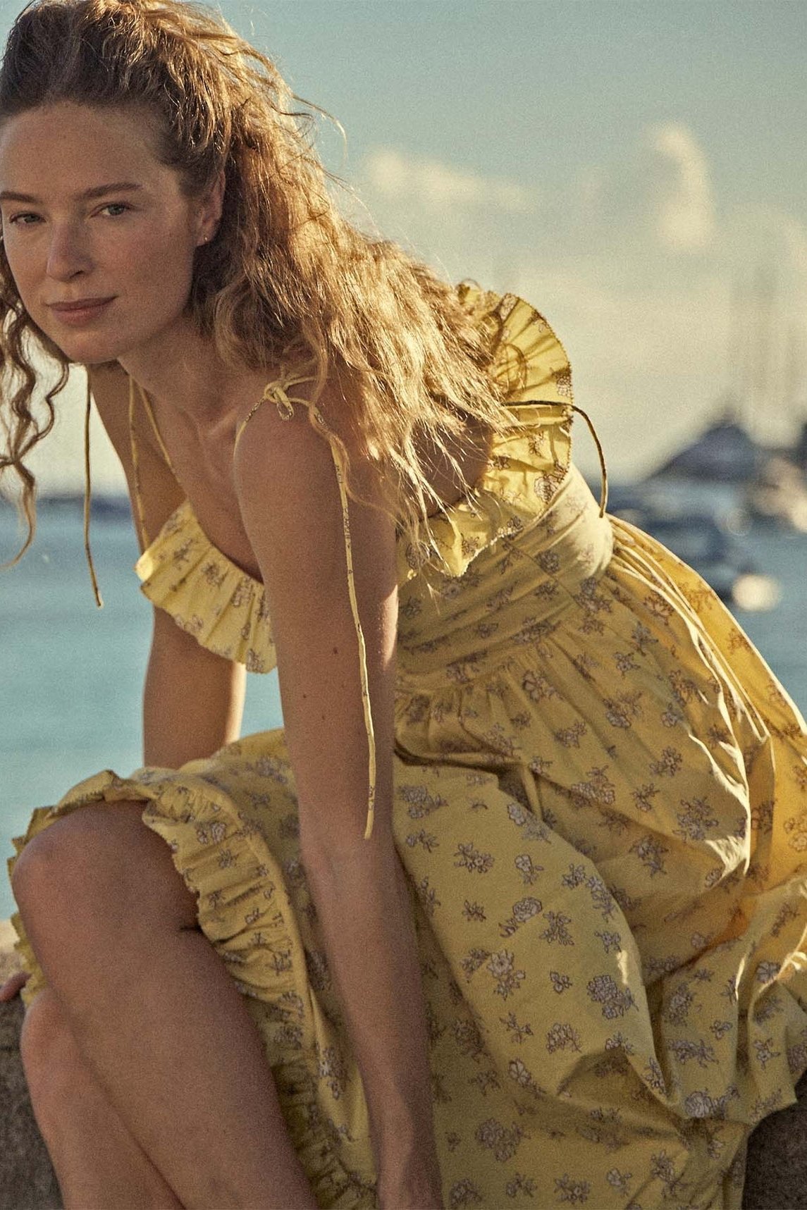 Loverson™ Novia Baskılı Volanlı Kesim Slip Midi Elbise